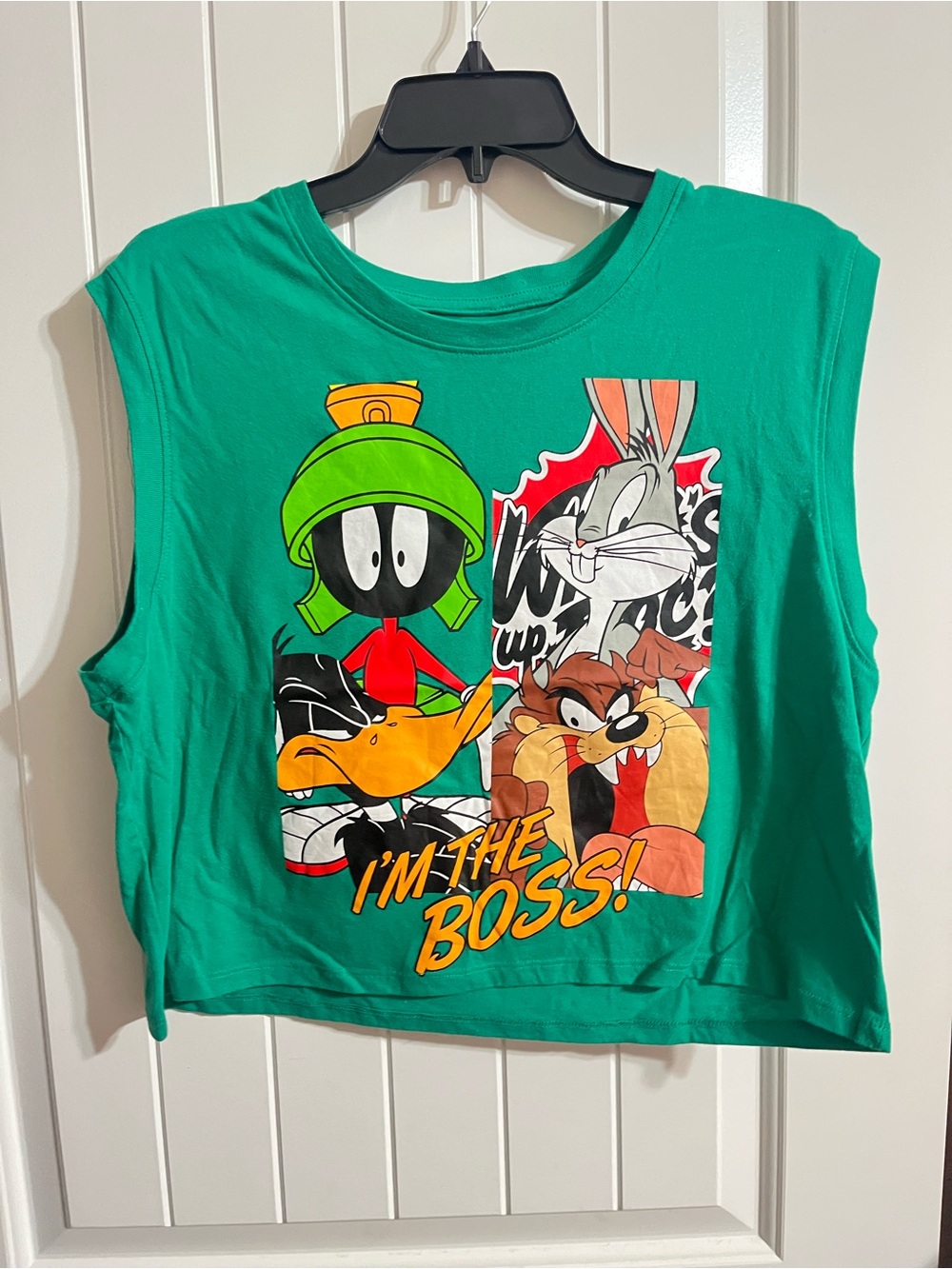 Looney Tunes "I'm The Boss" Crop Tank Top Womens L Marvin the Martian Bugs Green
